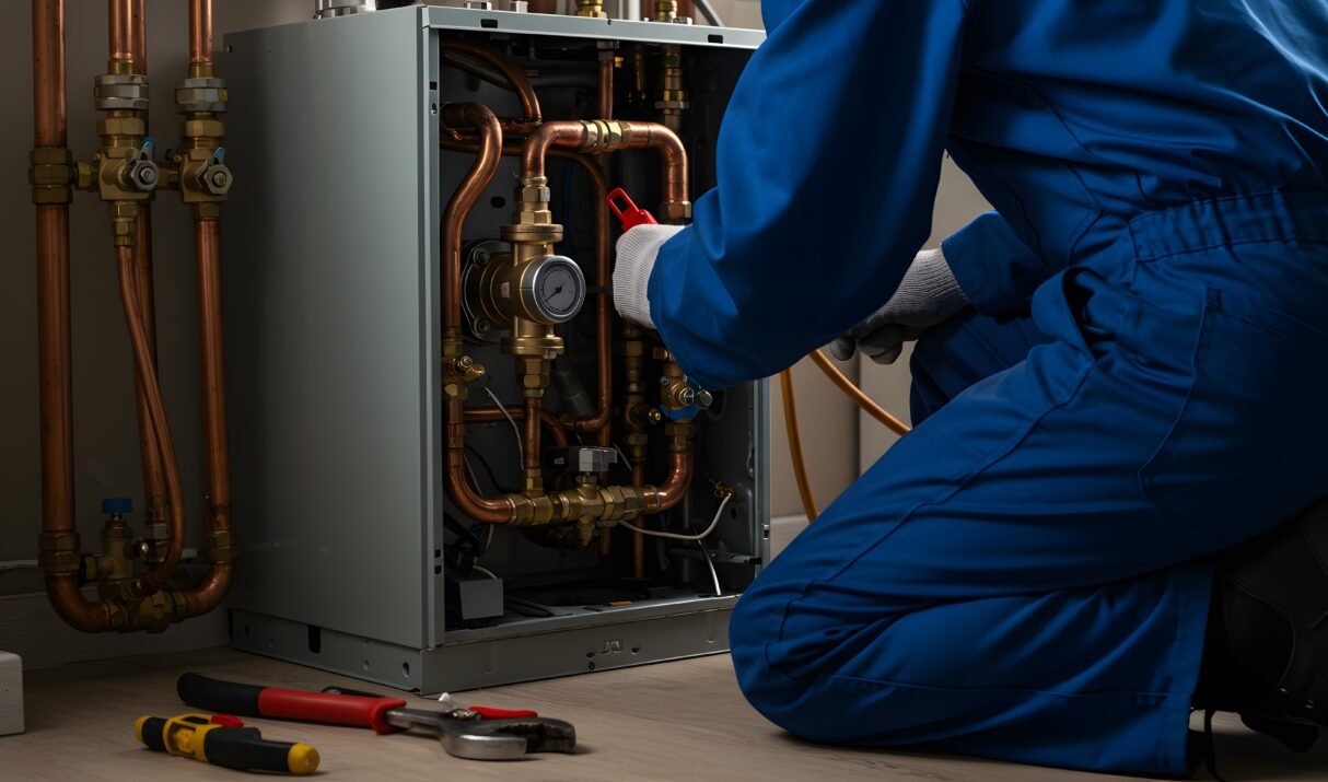 Professional Technician Servicing Residential Heating Boiler System with Copper Pipes and Tools