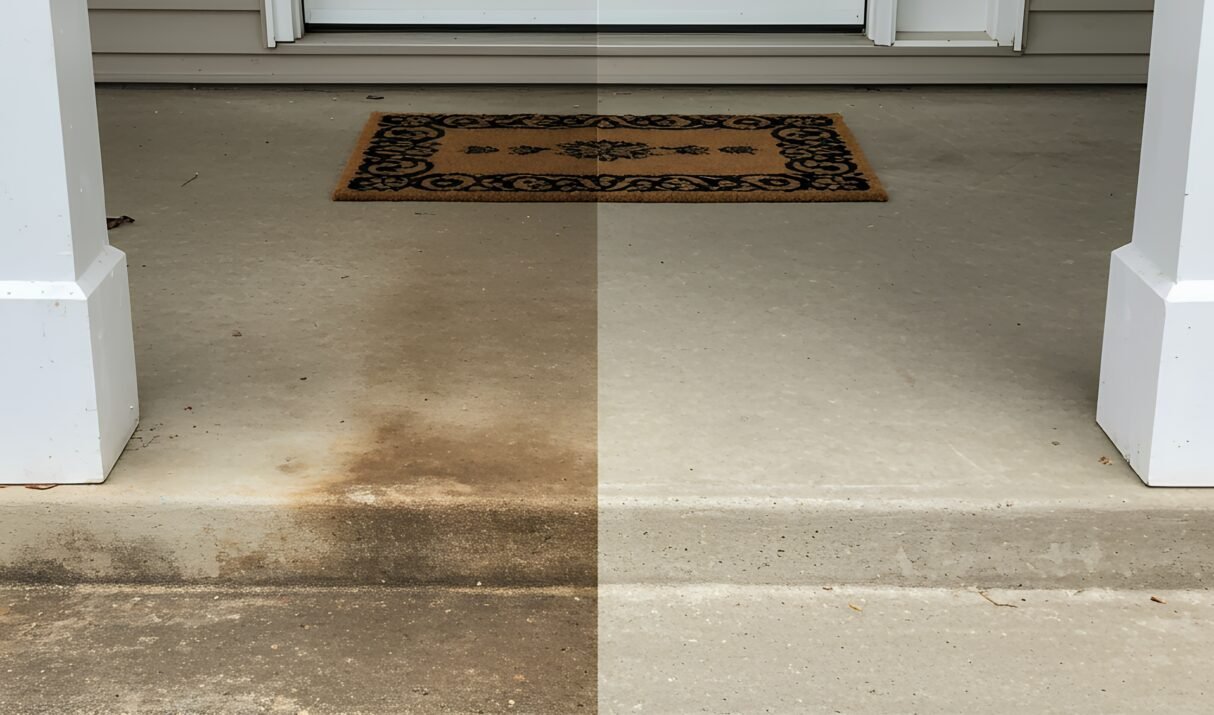 Before and after comparison of a dirty concrete porch and steps next to a clean, power-washed section, highlighting effective outdoor cleaning.